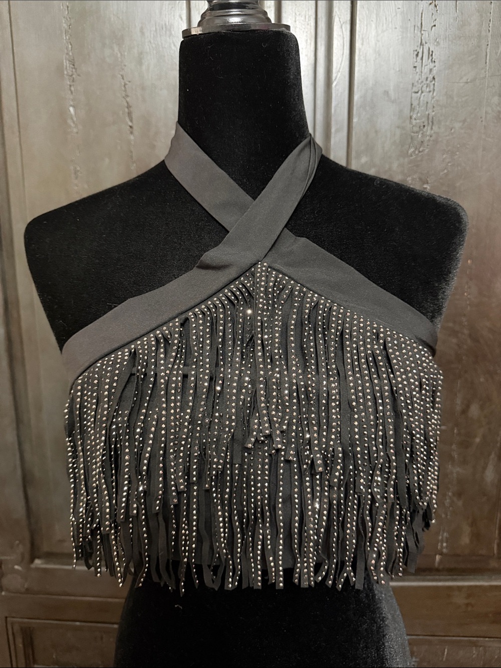 Effordram halter crop top crisscross tie-back with studded fringe trim - Small